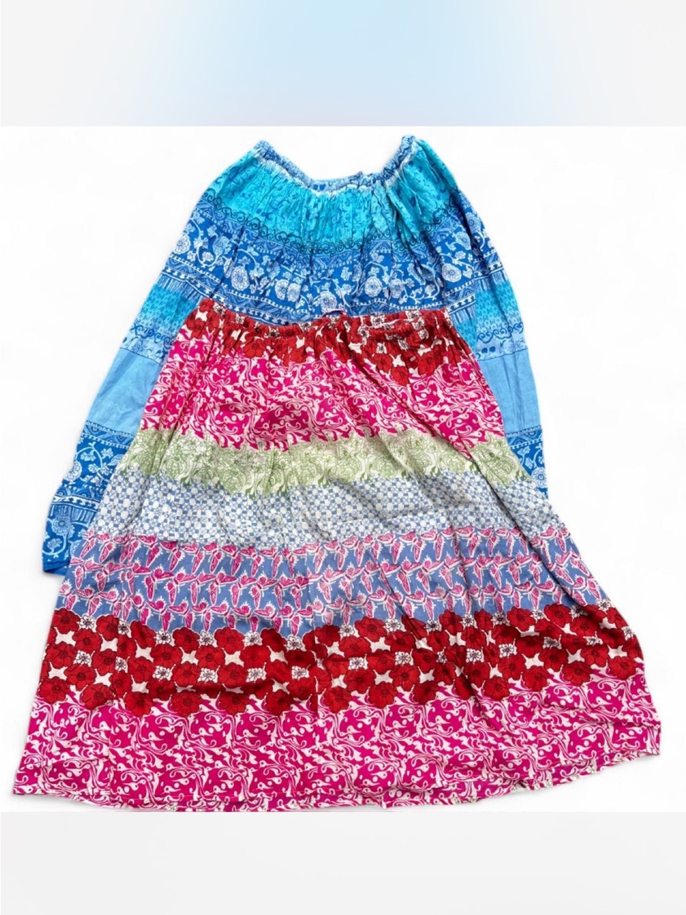 2 vintage skirts Bohemian Tiered Maxi Skirt in Multi Blue and Pink